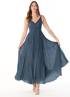Azazie Raychelle Brautjungfernkleider A-Linie V-Hals Chiffon Kleid Neptunblau image1