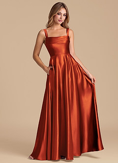 Azazie Shaude Bridesmaid Dresses Paprika A-Line Pleated Metallic Satin Dress image3