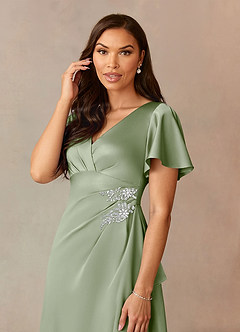 Azazie Robins Mother of the Bride Dresses Dusty Sage A-Line Pleated Stretch Satin Dress image5