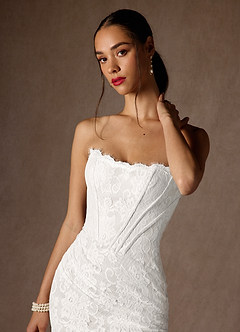 Azazie Starla Wedding Dresses Diamond White Sheath Strapless Lace Dress image5