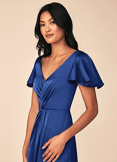 Azazie Soren Bridesmaid Dresses Royal Blue A-Line Pleated Stretch Satin Dress image7