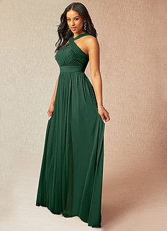 Azazie Hillian Bridesmaid Dresses Dark Green A-Line Halter Pleated Mesh Dress image3