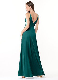 Azazie Dalilah Bridesmaid Dresses Peacock A-Line V-Neck Pleated Stretch Satin Dress image2