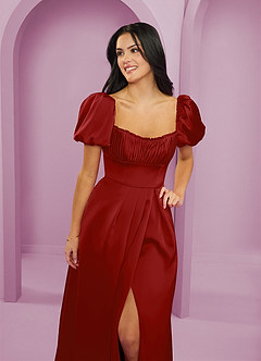 Barbie ♥ Azazie Bridesmaid Dresses Pomegranate A-Line Ruched Stretch Satin Dress image5