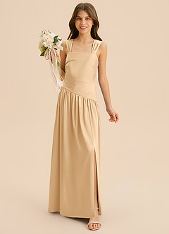 Azazie Dotty Junior Vestido Ouro de Cetim elástico de Linha A com Plissado image4