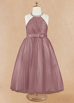 Azazie Honey Flower Girl Dresses Dusty Rose A-Line Beaded Matte Satin Dress image7