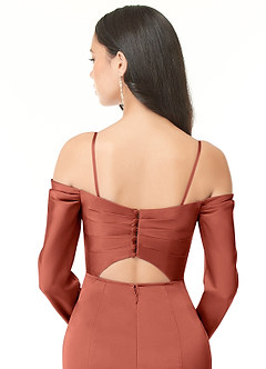 Azazie Hallie Abiti da Damigella Abito Convertibile Tubino in Raso Elasticizzato Manica lunga con spalle scoperte Terracotta image8