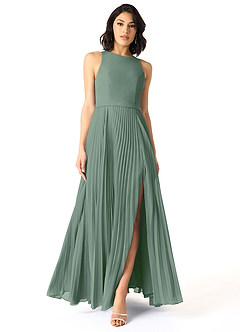 Azazie Lindie Bridesmaid Dresses Eucalyptus A-Line Scoop Pleated Chiffon Dress image1