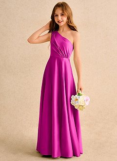 Azazie Puddles Girls Formal Blumenmädchenkleider A-Linie One-Shoulder Matte Satin Kleid Fuchsia image6