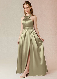 Azazie Jiya Junior Moss Green A-Line Pleated Metallic Satin Dress image1