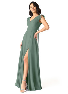 Azazie Claudine Bridesmaid Dresses Eucalyptus A-Line Flutter Sleeve Chiffon Dress image3
