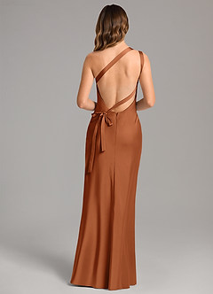 Azazie Monroe Bridesmaid Dresses Copper Mermaid One Shoulder Stretch Satin Dress image2