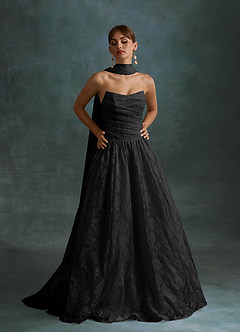 Azazie Nadine Wedding Dresses Black A-Line Strapless Floral Burnout Dress image1