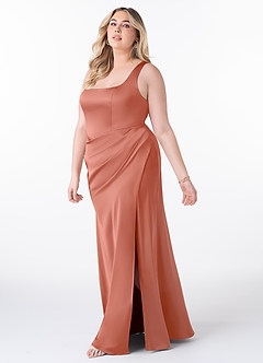 Azazie Mero Vestidos de madrinha de casamento Vestido Rosa Salmão de Cetim elástico de sereia com Plissado image7