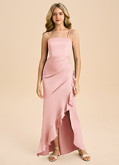 Azazie Buzzy Junior Powder Pink Sheath Pleated Stretch Satin Dress image3