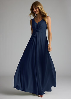 Azazie Gina Bridesmaid Dresses Dark Navy A-Line V-Neck Pleated Chiffon Dress image2