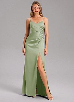 Azazie Azuree At-home Try On Dresses Dusty Sage A-Line Pleated Stretch Satin Dress image6