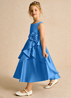 Azazie Hermia Blumenmädchenkleider A-Linie ärmellos Matte Satin Kleid Blauhäher image4