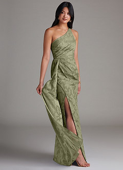 Azazie Mika Bridesmaid Dresses Pistachio Sheath One Shoulder Floral Burnout Dress image2