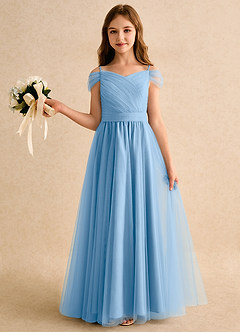 Azazie Yuna Girls Formal Abiti da Ragazza di Fiori Abito A-Line in Tulle Spalle Scoperte Azzurro Polvere image3