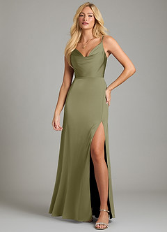 Azazie Sarella Vestidos de damas de honor Vestido de Pistacho de Satén Elástico de Corte en A con Plisado image4