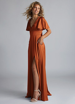 Azazie Kimber Bridesmaid Dresses Cinnamon A-Line Ruched Stretch Satin Dress image6
