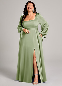 Azazie Leonia Robes de demoiselle d'honneur Robe Trapèze en Satin extensible Manche longue Vert Sauge image8