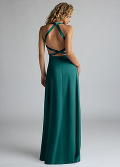 Azazie Clarice Bridesmaid Dresses Peacock A-Line High Neck Stretch Satin Dress image3
