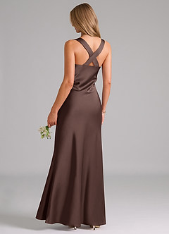 Azazie Kamila At-home Try On Dresses Black A-Line Pleated Stretch Satin Dress image2