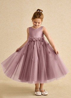 Azazie Lux Flower Girl Dresses Dusty Rose A-Line Beaded Tulle Dress image3