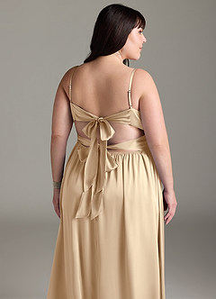 Azazie Zeya Bridesmaid Dresses Champagne A-Line Pleated Stretch Satin Dress image15