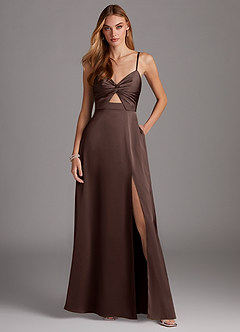 Azazie Jenna 신부 들러리 드레스 A라인 주름진 스트레치 새틴 바닥 길이 드레스 image2