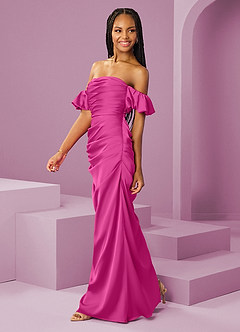 Barbie ♥ Azazie Bridesmaid Dresses Fuchsia Sheath Off the Shoulder Stretch Satin Convertible Dress image4