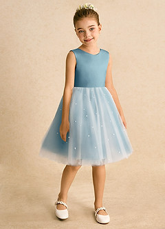 Azazie Esme Abiti da Ragazza di Fiori Abito Principessa in Tulle Fiocco Avorio Blu Lunatico image7