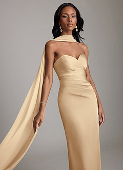 Azazie Sonora Vestidos de damas de honor Vestido de Champán de Satén Elástico de Corte Recto con Sin tirantes image4