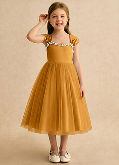 Azazie Yosemite Flower Girl Dresses Butterscotch Ball-Gown Sweetheart Neckline Tulle Dress image5