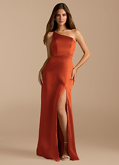 Azazie Trina Bridesmaid Dresses Paprika A-Line One Shoulder Metallic Satin Dress image3