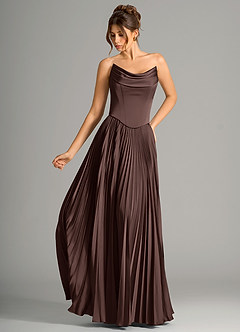 Azazie Saedra Bridesmaid Dresses Ganache A-Line Corset Stretch Satin Dress image1