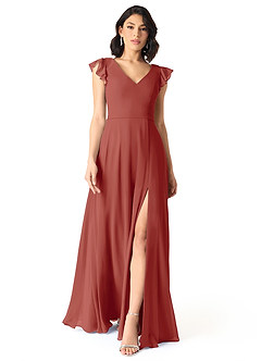 Azazie Claudine Bridesmaid Dresses Terracotta A-Line Flutter Sleeve Chiffon Dress image2
