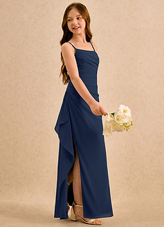 Azazie Cannoli Girls Formal Robe Demoiselle D'honneur Fillette Robe Trapèze en Mousseline de soie Plissée Bleu Marine Foncé image4