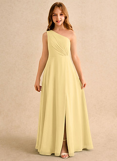 Azazie Puddles Girls Formal Robe Demoiselle D'honneur Fillette Robe Trapèze en Mousseline de soie Une épaule Beurre image6