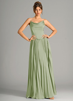 Azazie Saedra Bridesmaid Dresses Dusty Sage A-Line Corset Stretch Satin Dress image3