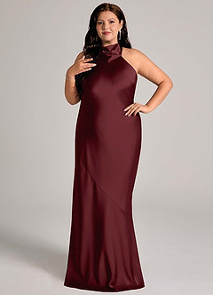 Azazie Velli Bridesmaid Dresses Cabernet Mermaid High Neck Stretch Satin Dress image8