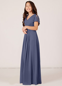 Azazie Peony Junior Robe Trapèze en Mousseline de soie Plissée Bleu Orageux image3