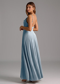 Azazie Sarella Bridesmaid Dresses Dusty Blue A-Line Pleated Velvet Dress image3