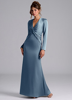 Azazie Valerie Bridesmaid Dresses Dusty Blue Mermaid Long Sleeve Stretch Satin Dress image3