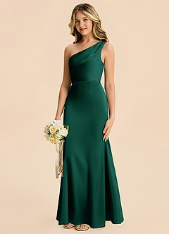 Azazie Ren Junior Emerald A-Line Pleated Stretch Satin Dress image2