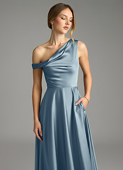 Azazie Xanthe Bridesmaid Dresses Dusty Blue A-Line Off the Shoulder Stretch Satin Dress image5
