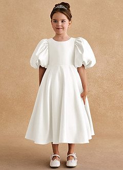 Azazie Sugarplum Robe Demoiselle D'honneur Fillette Robe Trapèze en Mat Satiné avec manches Ivoire image3