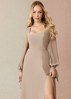 Azazie Leonia Bridesmaid Dresses Taupe A-Line Long Sleeve Chiffon Dress image5